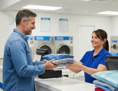Man In Denim Shirt Picking Up Laundry At The Wash And Fold 600X600